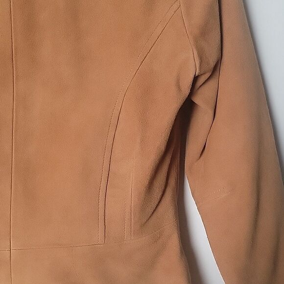 NEW INC Suede P 0 Leather Brown Tan Camel Ruffle Blazer Fitted Boho Jacket Bell - Picture 12 of 16